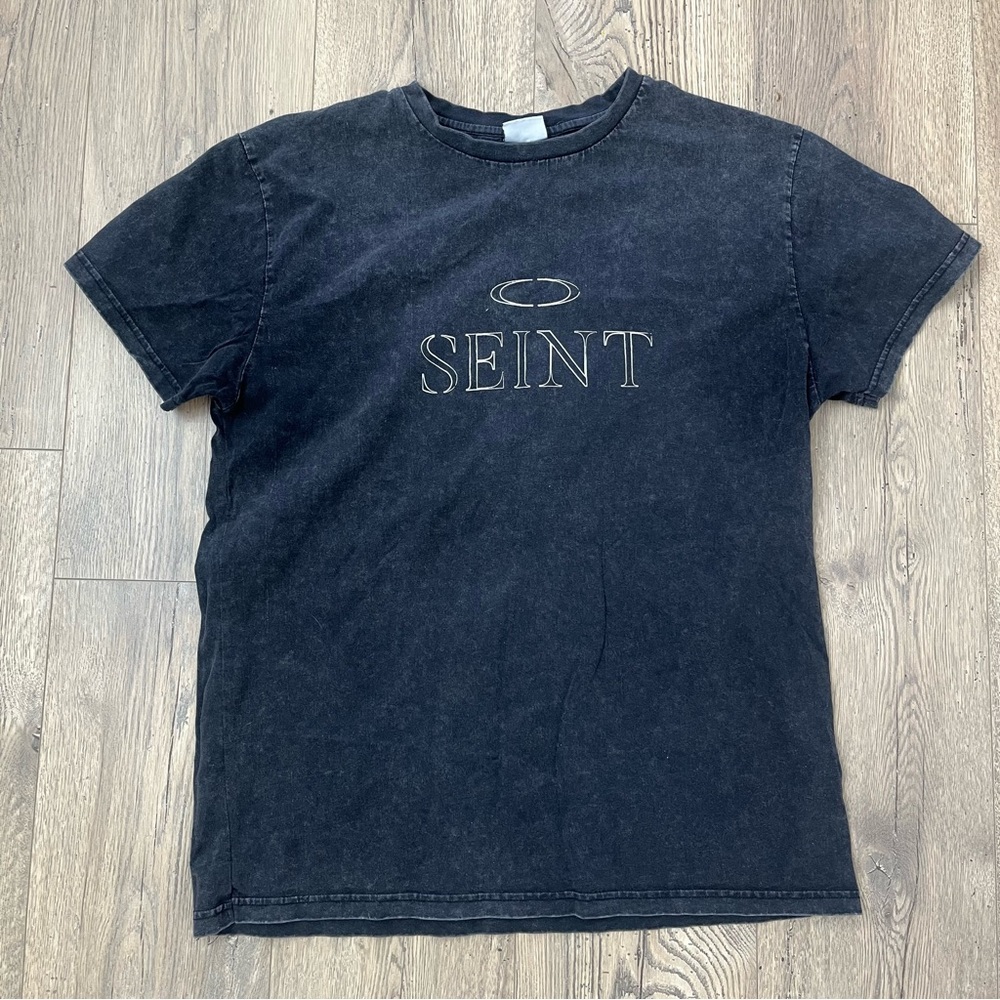 Seint Womens L Charcoal Black Stone Wash Short Sleeve Crew Neck Graphic‎ Tee
